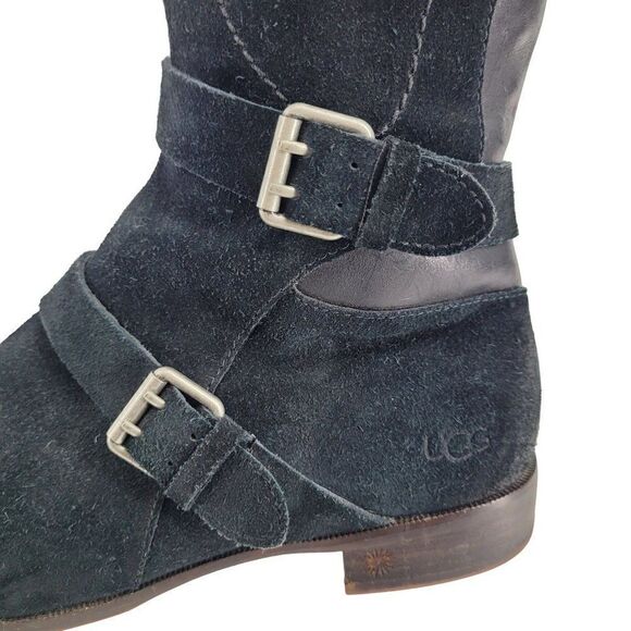 Ugg Cydnee Boots 8.5 Black Leather Knee High Buckle Sheepskin Shearling Stretch - Picture 6 of 17